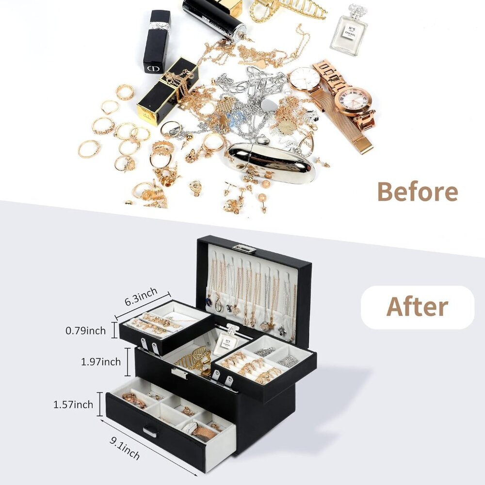 Jewelry Boxes for Women Girls, Jewelry Organizer Box, 3 Layers Jewelry Storage O - Picture 4 of 8